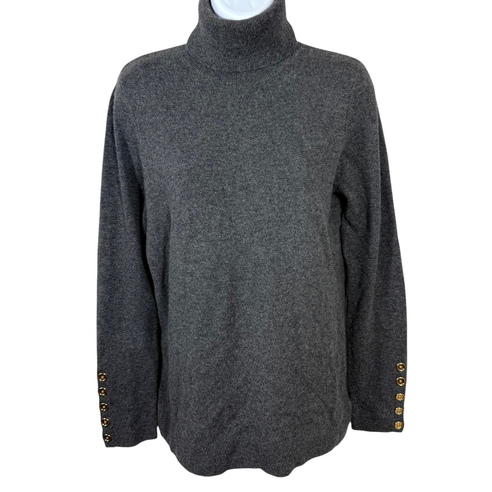 Cashmere by Bloomingdales Gray Turtleneck Sweater Gold Button Cuff Womens Medium